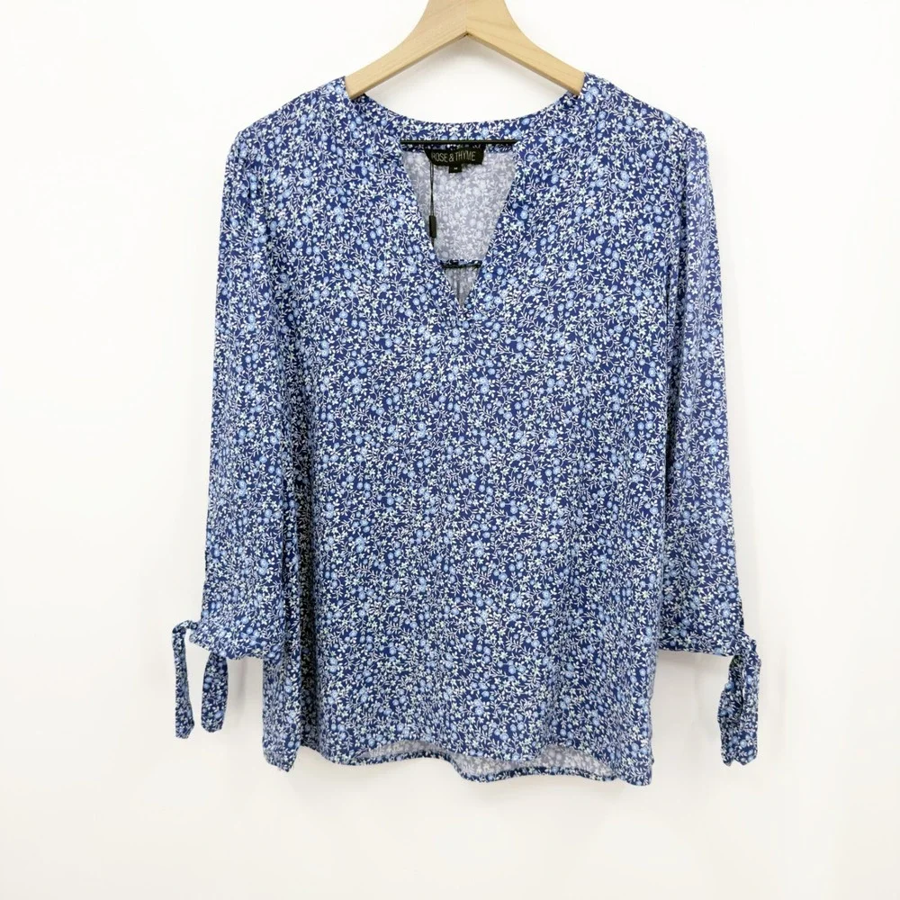 Rose & Thyme Floral Blouse Tie Sleeve V-Neck Blue M Cottagecore Boho Peasant